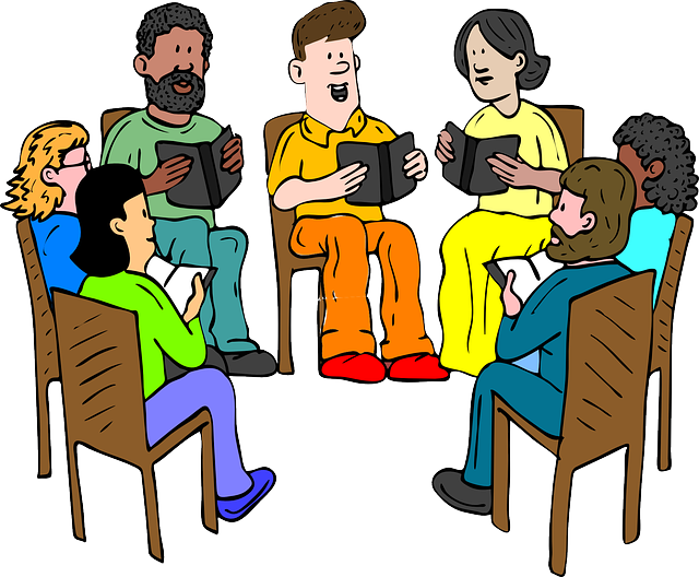 Eine Gruppe Menschen im Comic-Stil sitzen im Kreis und lesen und besprechen Bücher