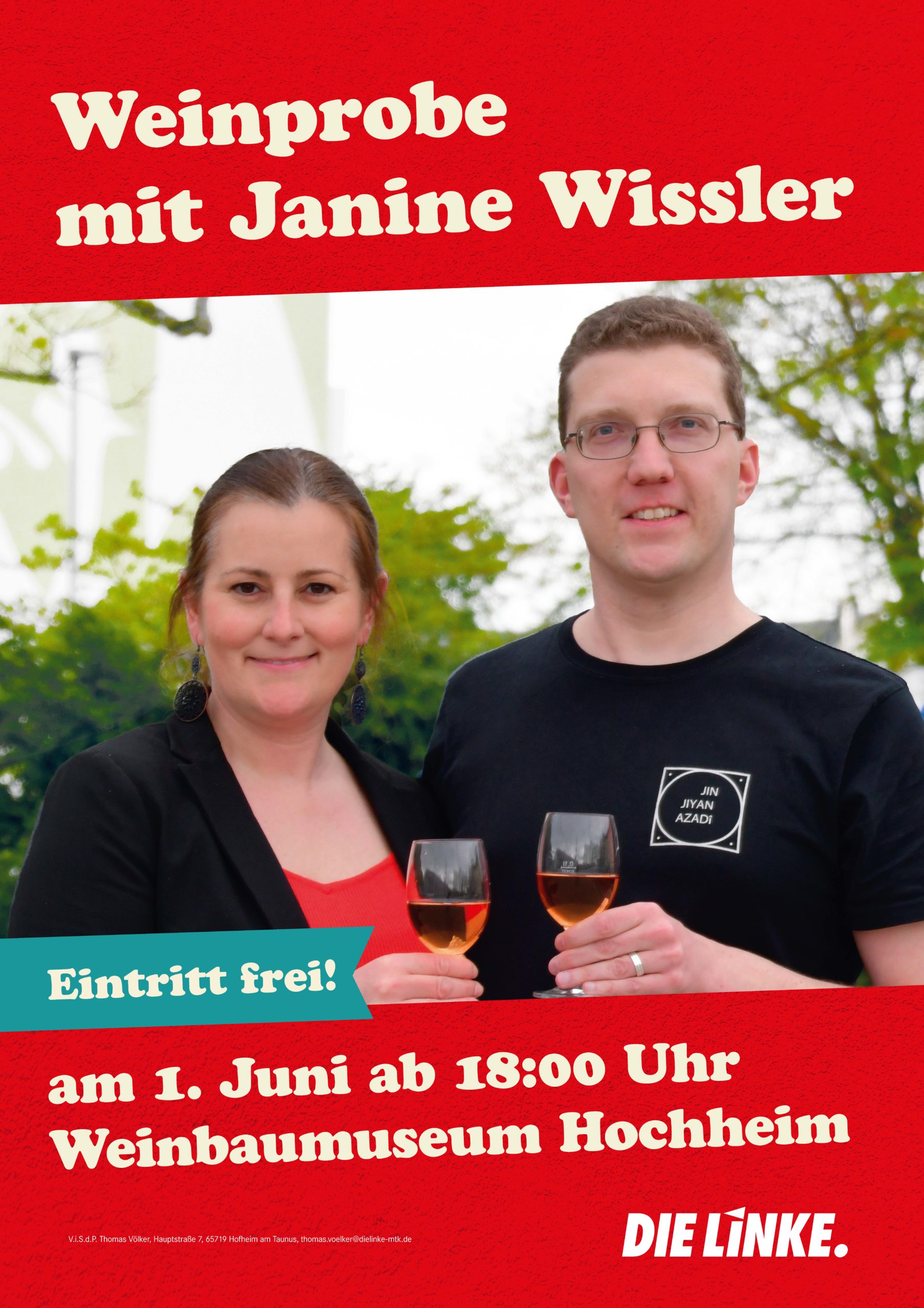 Veranstaltungsplakat zur Weinprobe mit Janine Wissler und Thomas Völker, die mit Weingläsern anstoßen