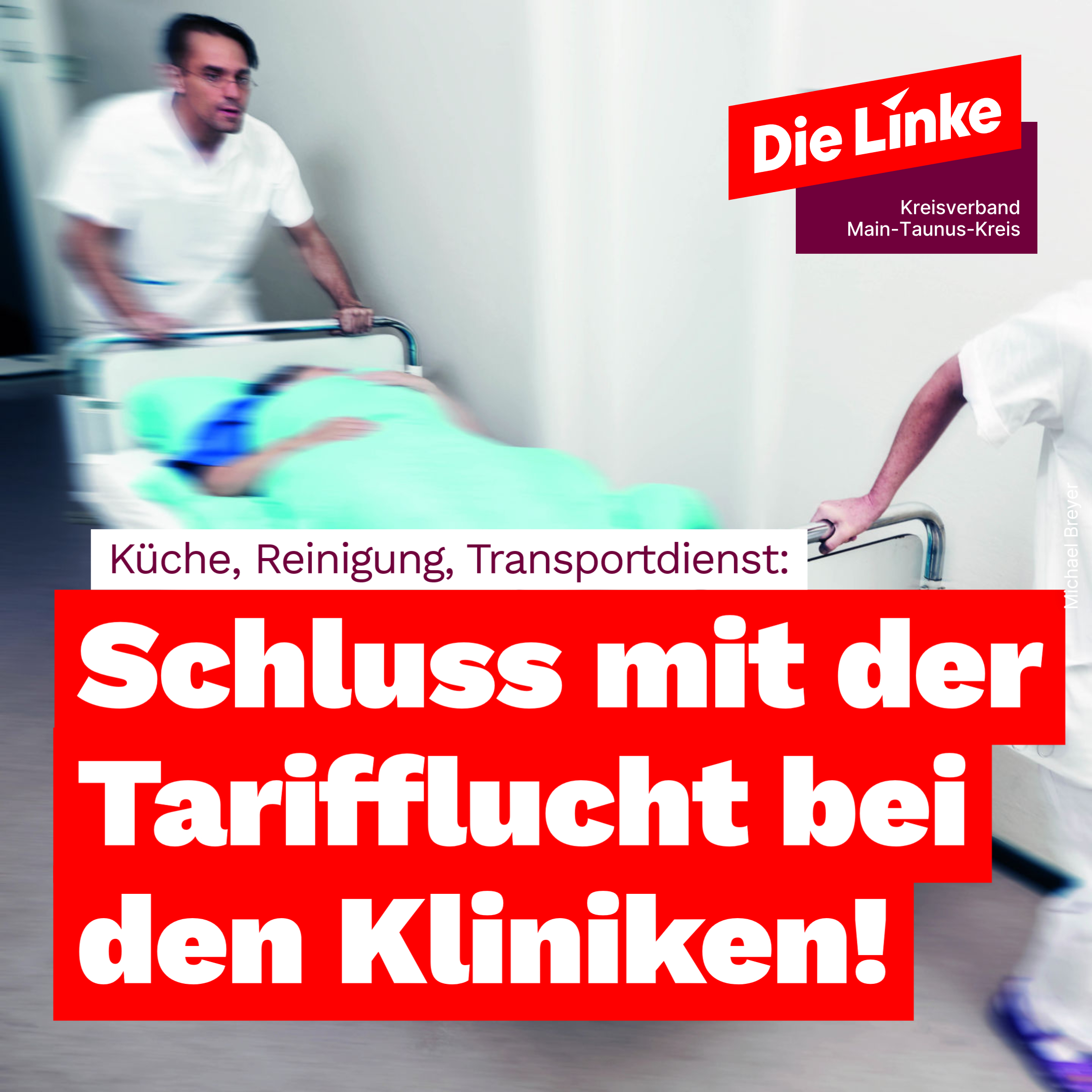 Das Bild zeigt einen Krankentransport in einem Krankenhausflur. Dazu der Text: Küche, Reinigung, Transportdienst: Schluss mit der Tarifflucht bei den Kliniken!