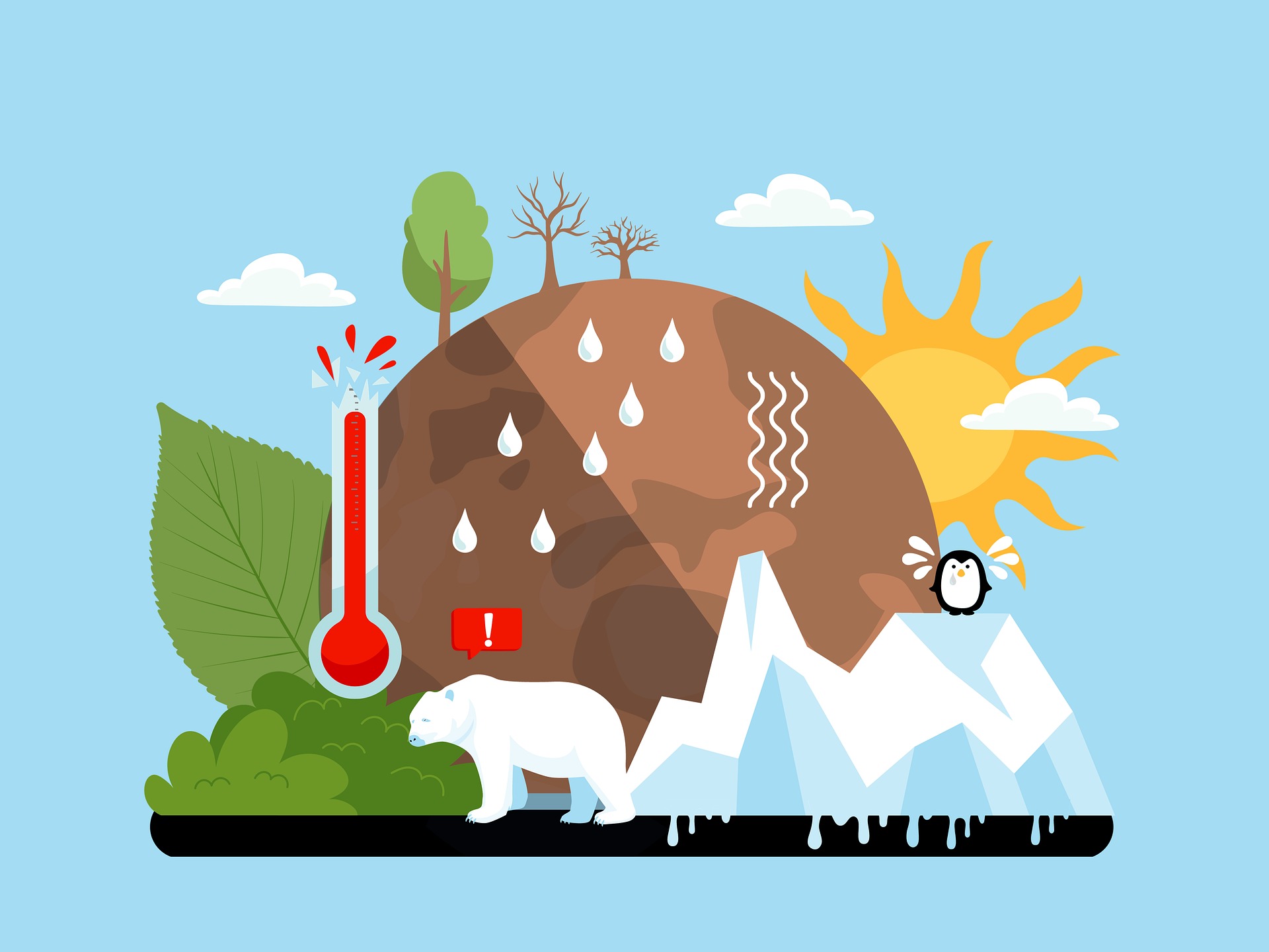 Eine Zeichnung illusttriert die Folgen des Klimawandels (steigende Temperaturen, Dürre, schmelzende Eisberge)