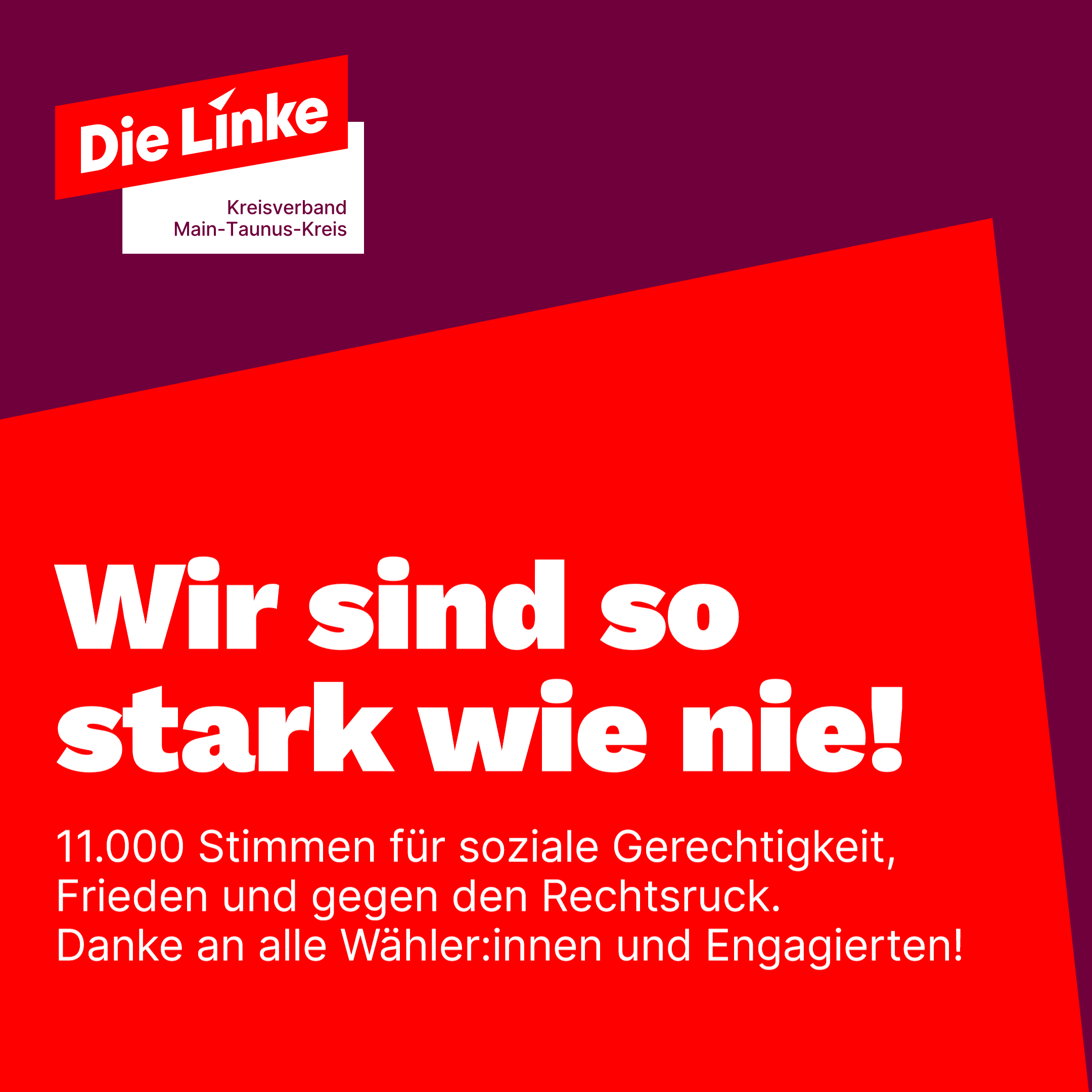 Roter Hintergrund mit Linke-Logo, dazu der Text: Wir sind so stark wie nie