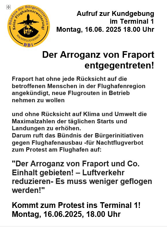 Aufruf der BI Flughafen zur Demonstration am 16.6.