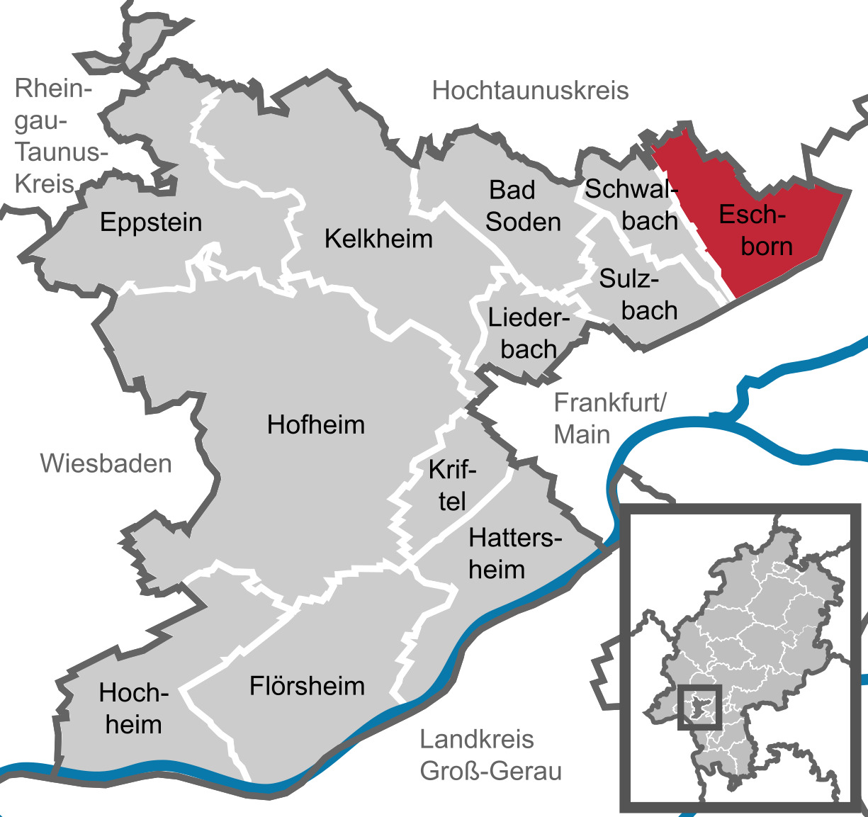 Eine Karte des Main-Taunus-Kreises. Die Stadt Eschborn ist rot hervorgehoben.