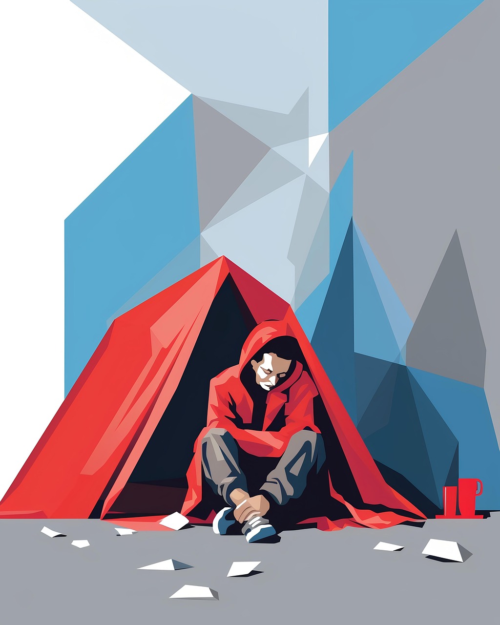 Ein KI-generiertes Bild eines wohnungslosen Jugendlichen vor einem Zelt